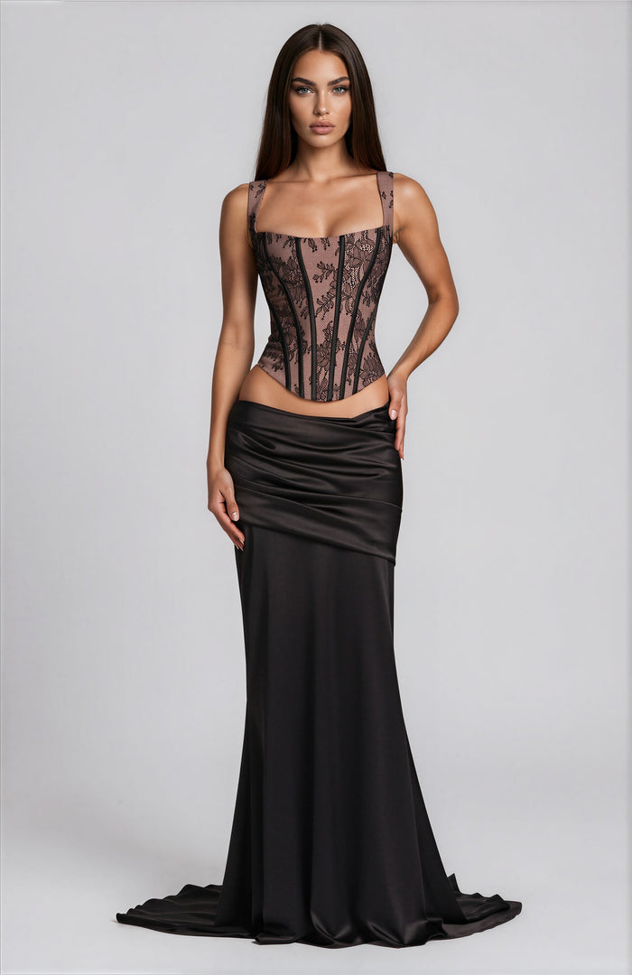 Bluma Black Lace Top & Ruched Skirt Set
