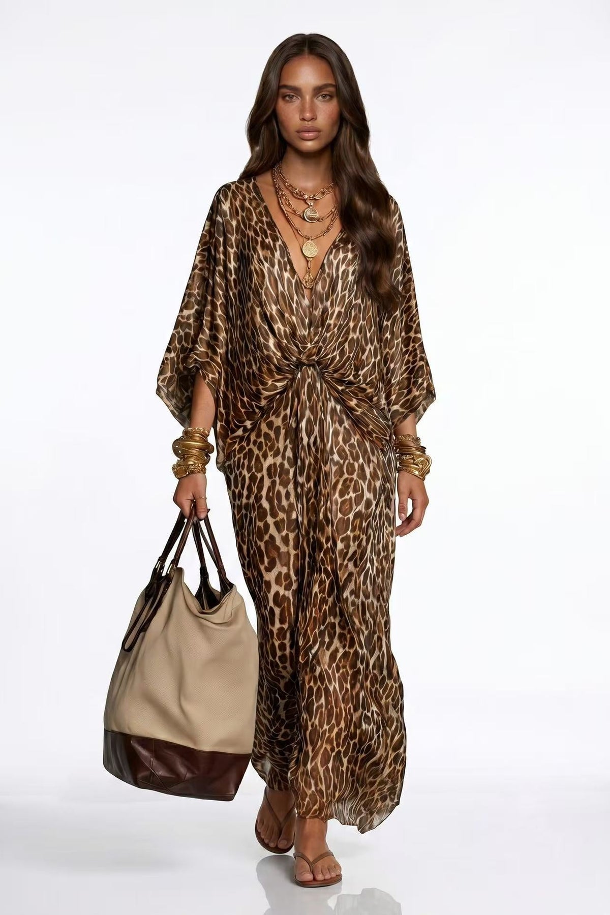 Fadzem V Neck Leopard Maxi Dress