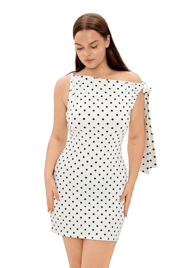Candis Asymmetric Shoulder Dot Print Ribbon Slim Dres