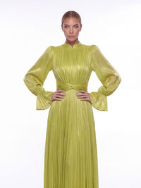 Hustine  Shimmer Lime Pleated Maxi Dress