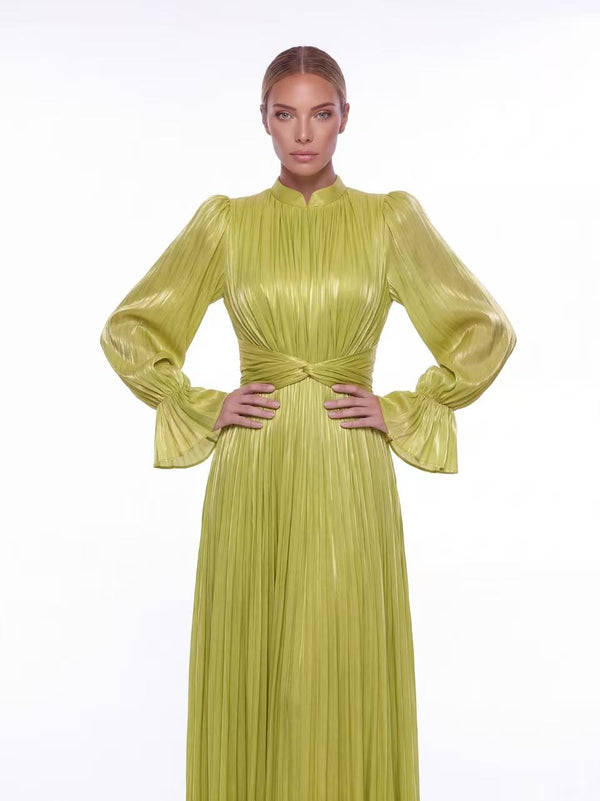 Hustine  Shimmer Lime Pleated Maxi Dress