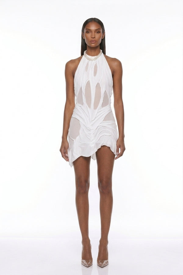 Bethan Halter Neck Ruch Asymmetric Mini Dress In White