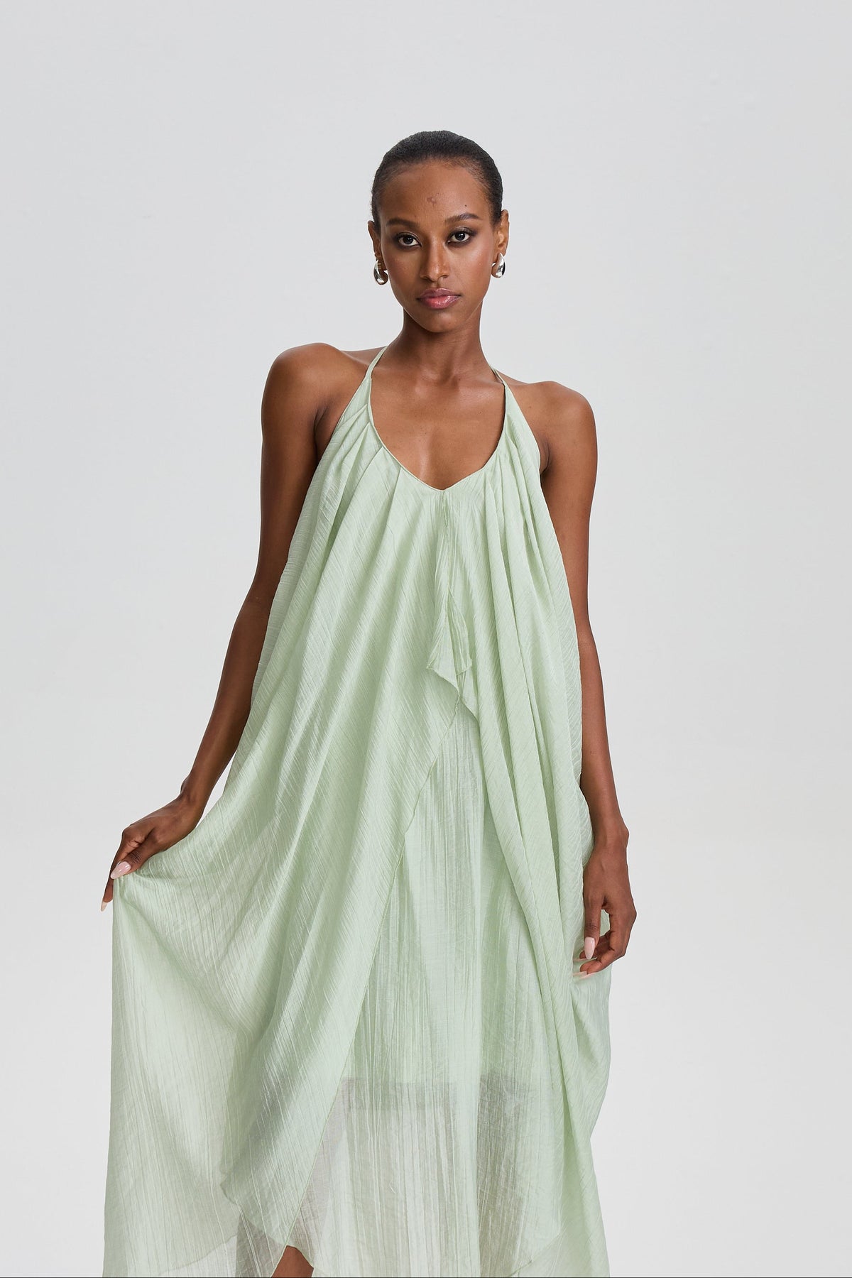 Damaris Halter V-Neck Oversized Wrap Midi Dress in Pale Sage Green
