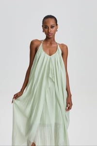 Damaris Halter V-Neck Oversized Wrap Midi Dress in Pale Sage Green