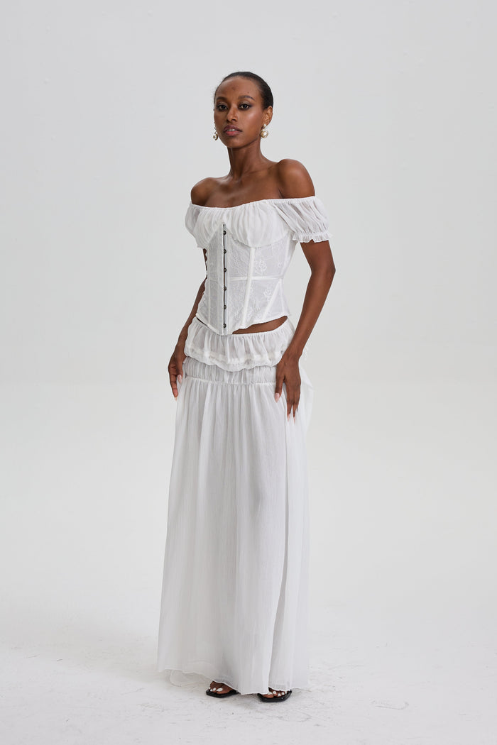 Solalnes Off-Shoulder Lace Corset Top& Ruffled Chiffon Dress Set