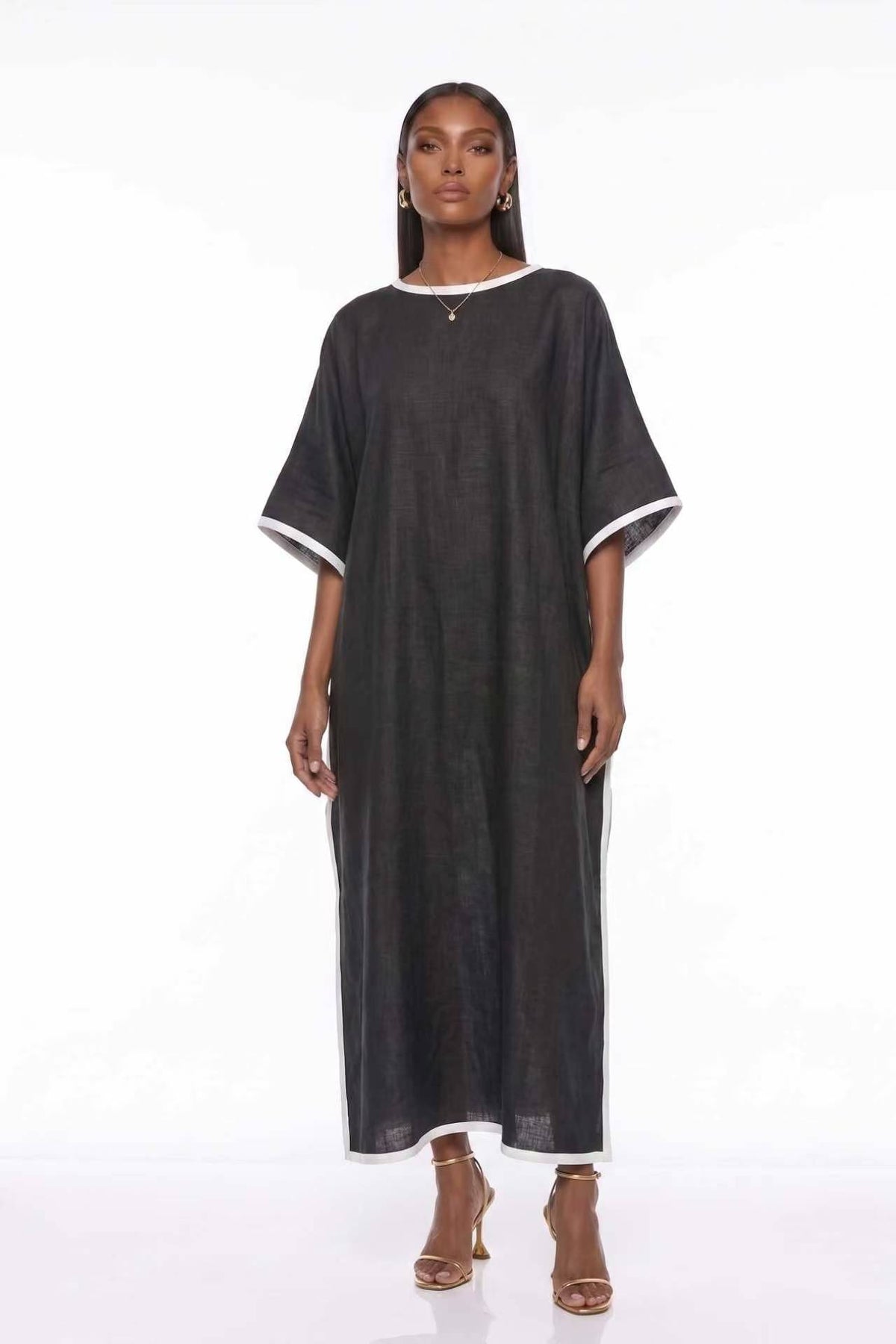 Falaphy Contrast Trim Batwing Loose Maxi Kaftan Dress
