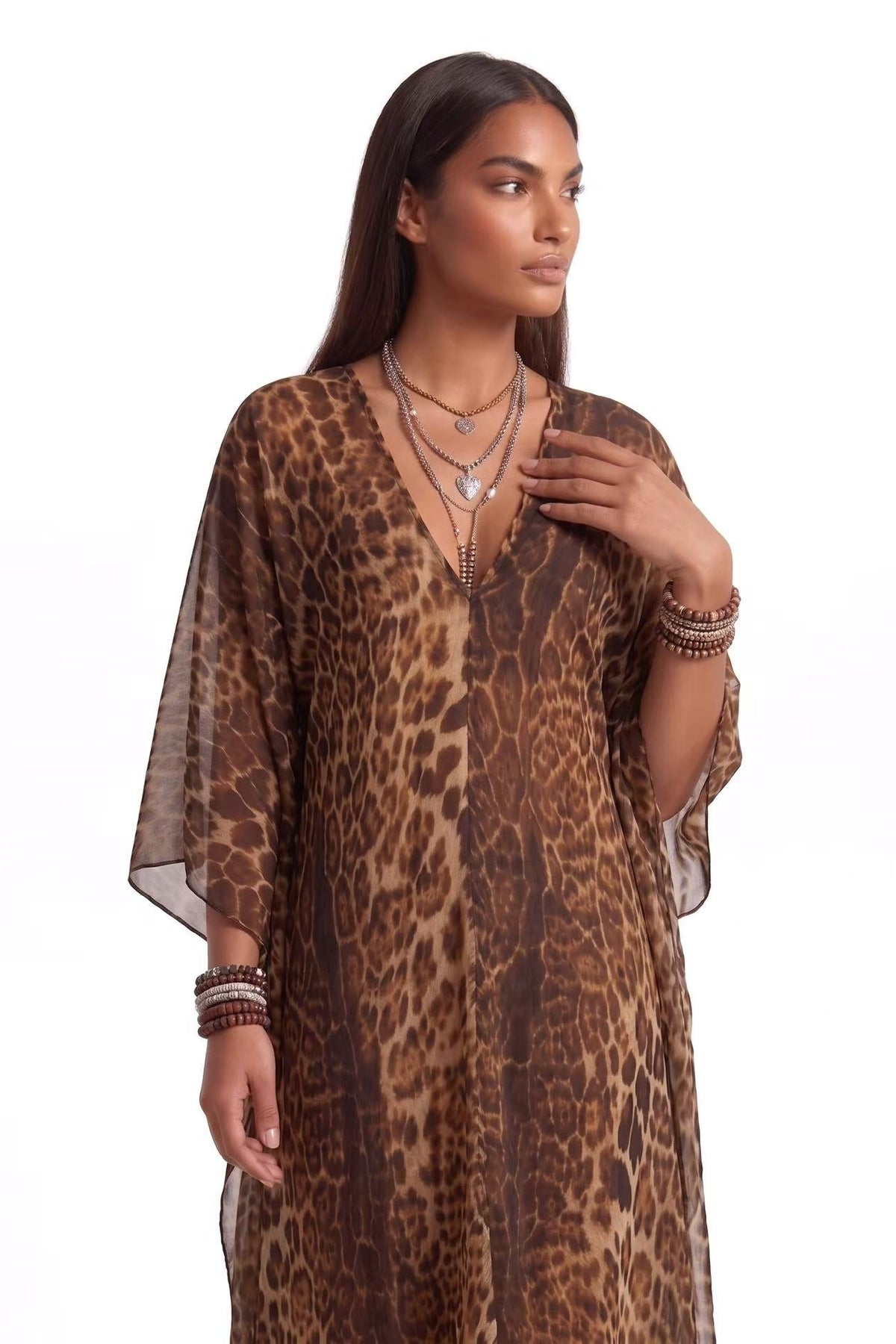 Lucille Leopard Print Sheer Kaftan Maxi Dress