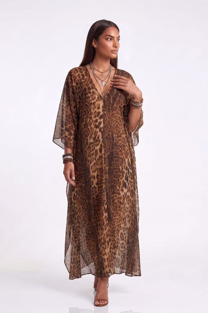 Lucille Leopard Print Sheer Kaftan Maxi Dress