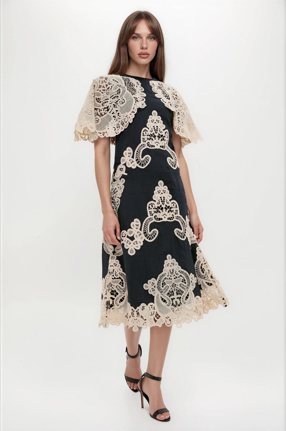 Eliyee Cochet Shawl Midi Dress In Black