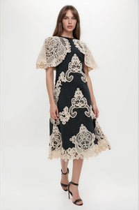Eliyee Cochet Shawl Midi Dress In Black