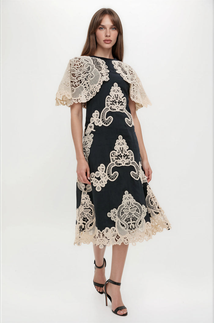 Eliyee Cochet Shawl Midi Dress In Black