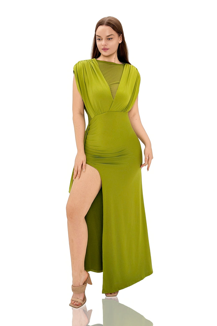 Rora Sleeveless Ruched Split Maxi Dress
