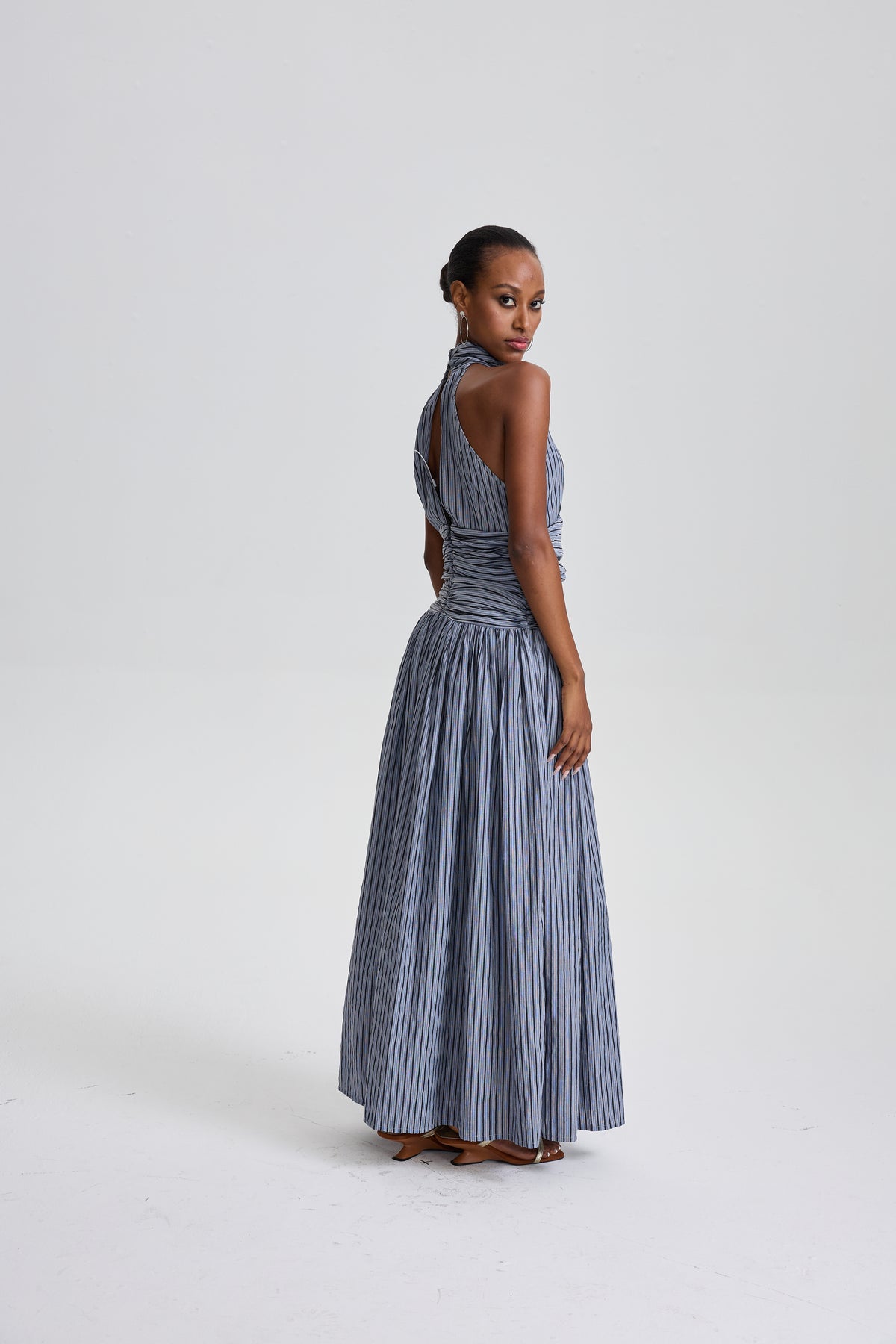 Marwen Vertical Stripe Halter Neck Ruched Waist Flared Maxi Dress