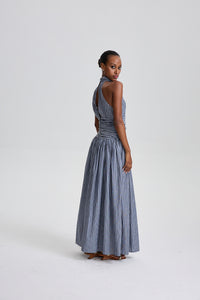 Marwen Vertical Stripe Halter Neck Ruched Waist Flared Maxi Dress