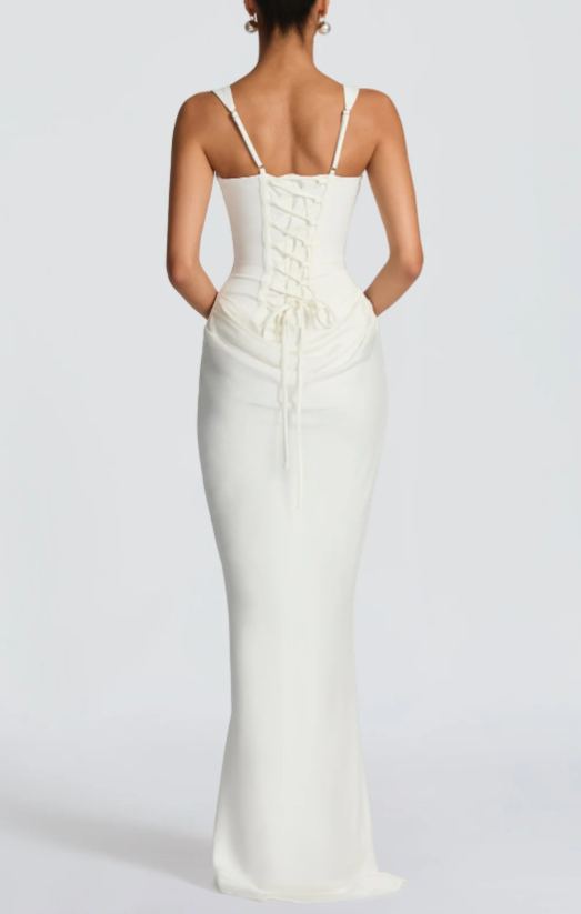 Suemona White Ruched Corset Maxi Dress
