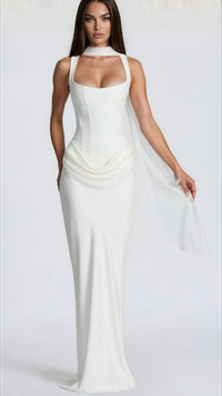 Suemona White Ruched Corset Maxi Dress