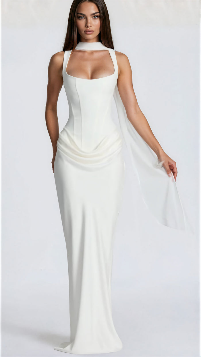 Suemona White Ruched Corset Maxi Dress