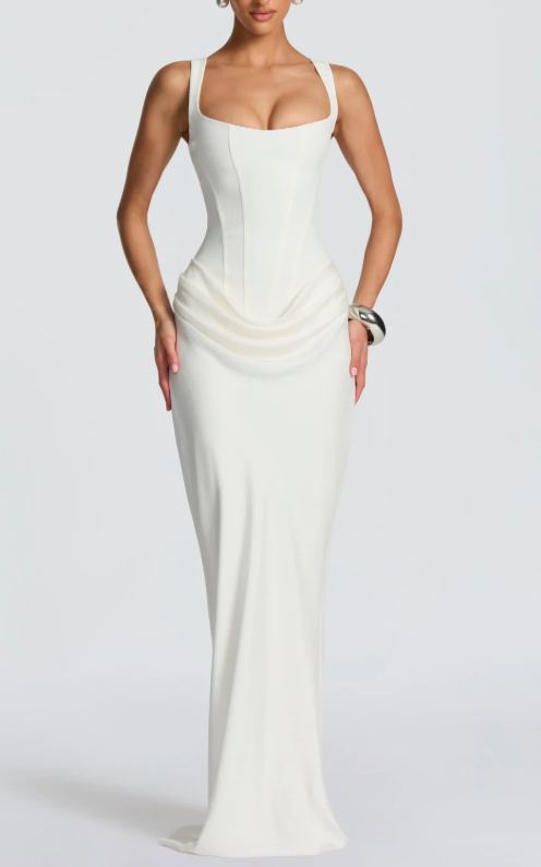 Suemona White Ruched Corset Maxi Dress