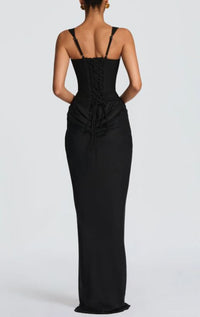 Fanning Black Ruched Corset Maxi Dress