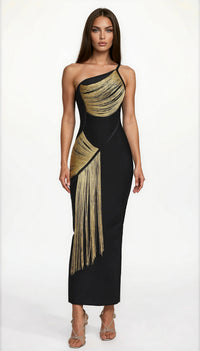 Gunhild One-Shoulder Sleeveless Golden Tassels Bandage Maxi Dress