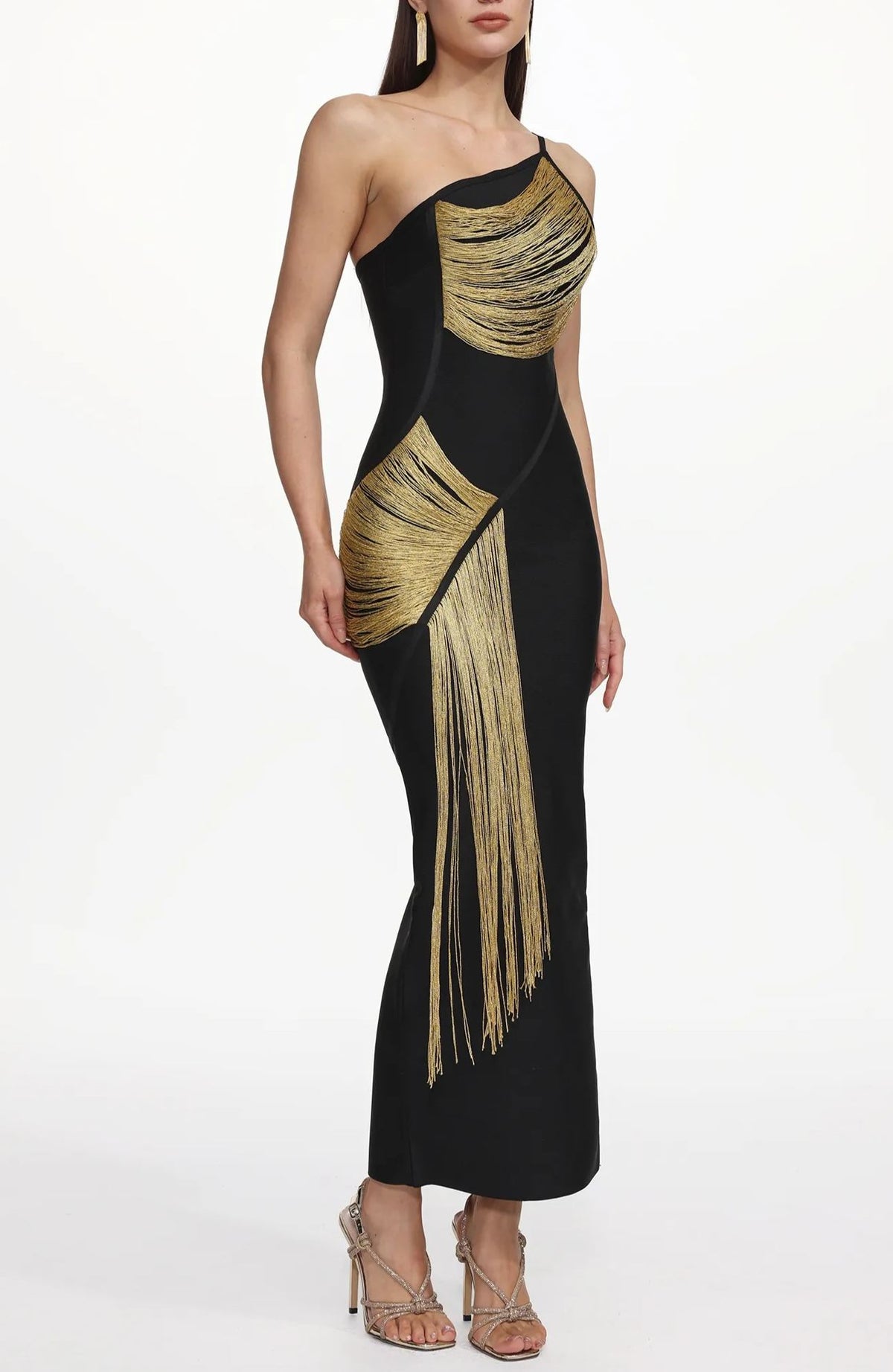 Gunhild One-Shoulder Sleeveless Golden Tassels Bandage Maxi Dress