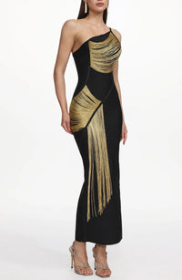 Gunhild One-Shoulder Sleeveless Golden Tassels Bandage Maxi Dress