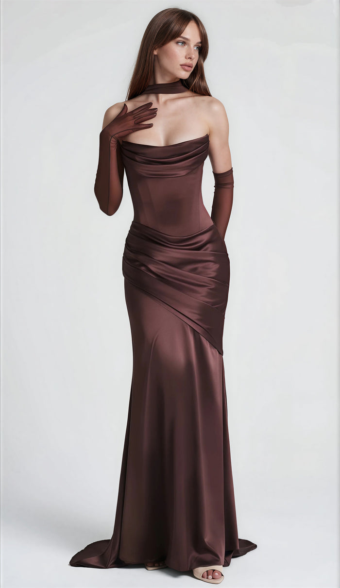 Pisunila Brown Ruched Satin Maxi Dress