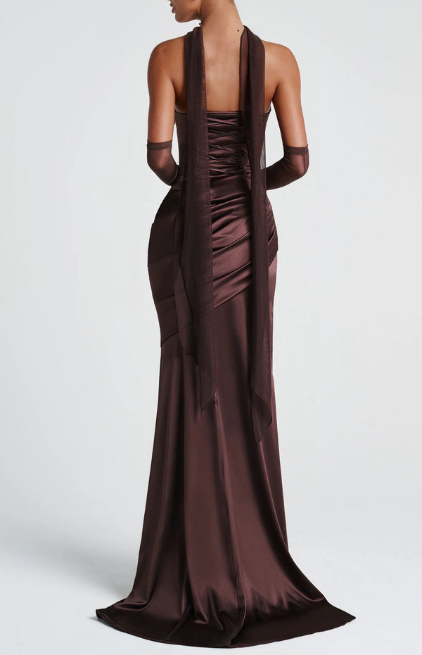 Pisunila Brown Ruched Satin Maxi Dress