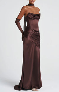 Pisunila Brown Ruched Satin Maxi Dress
