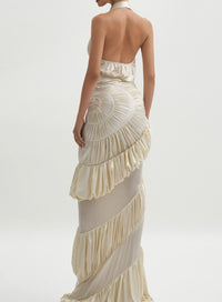 Marilou Cream White Halterneck Shirred Maxi Dress