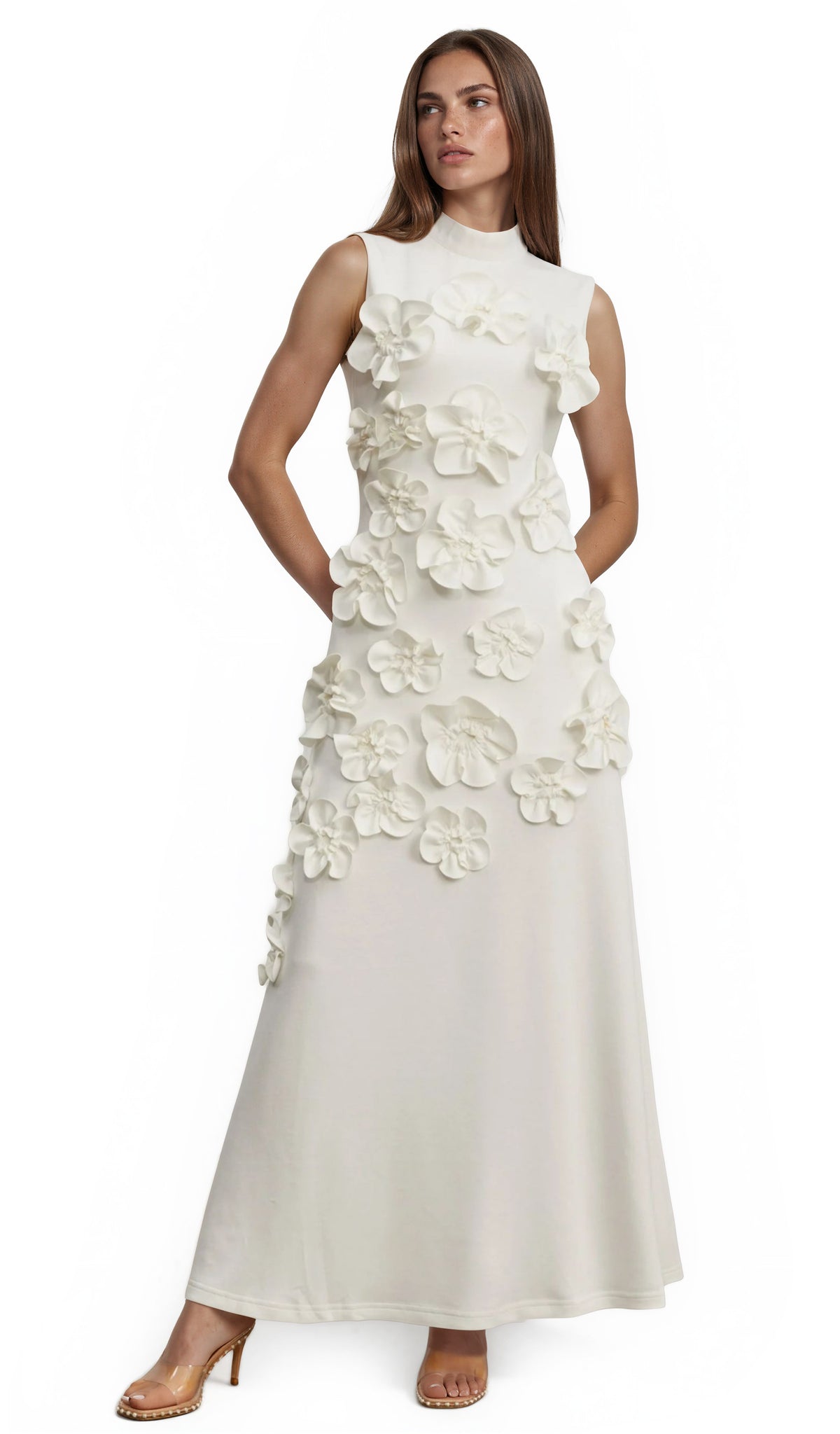 Romane Sleeveless Maxi Dress with Faux Flower & Bow-Tie Embellishment