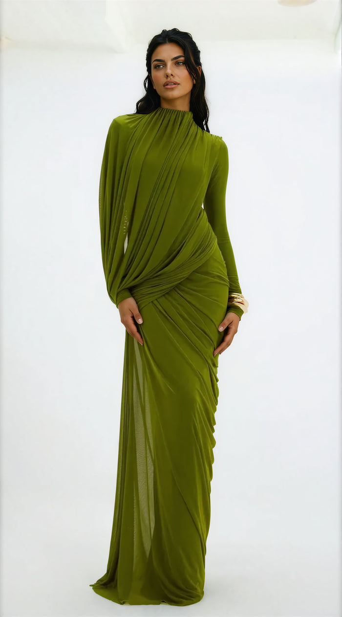 Osanne Green Asymmetrical Ruched Maxi Dress