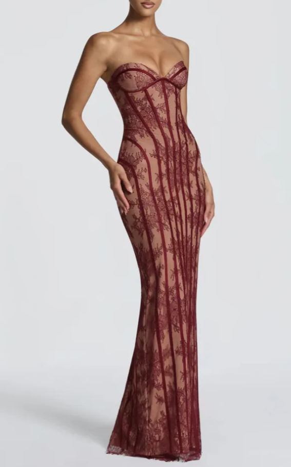 Demula Black Floral Lace Corset Maxi Dress