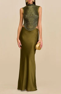 Quitterie Green Fringed Top & Satin Skirt Set