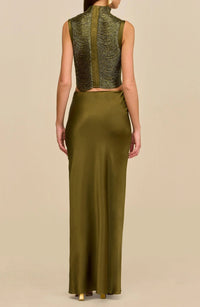 Quitterie Green Fringed Top & Satin Skirt Set