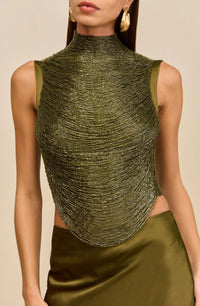 Quitterie Green Fringed Top & Satin Skirt Set