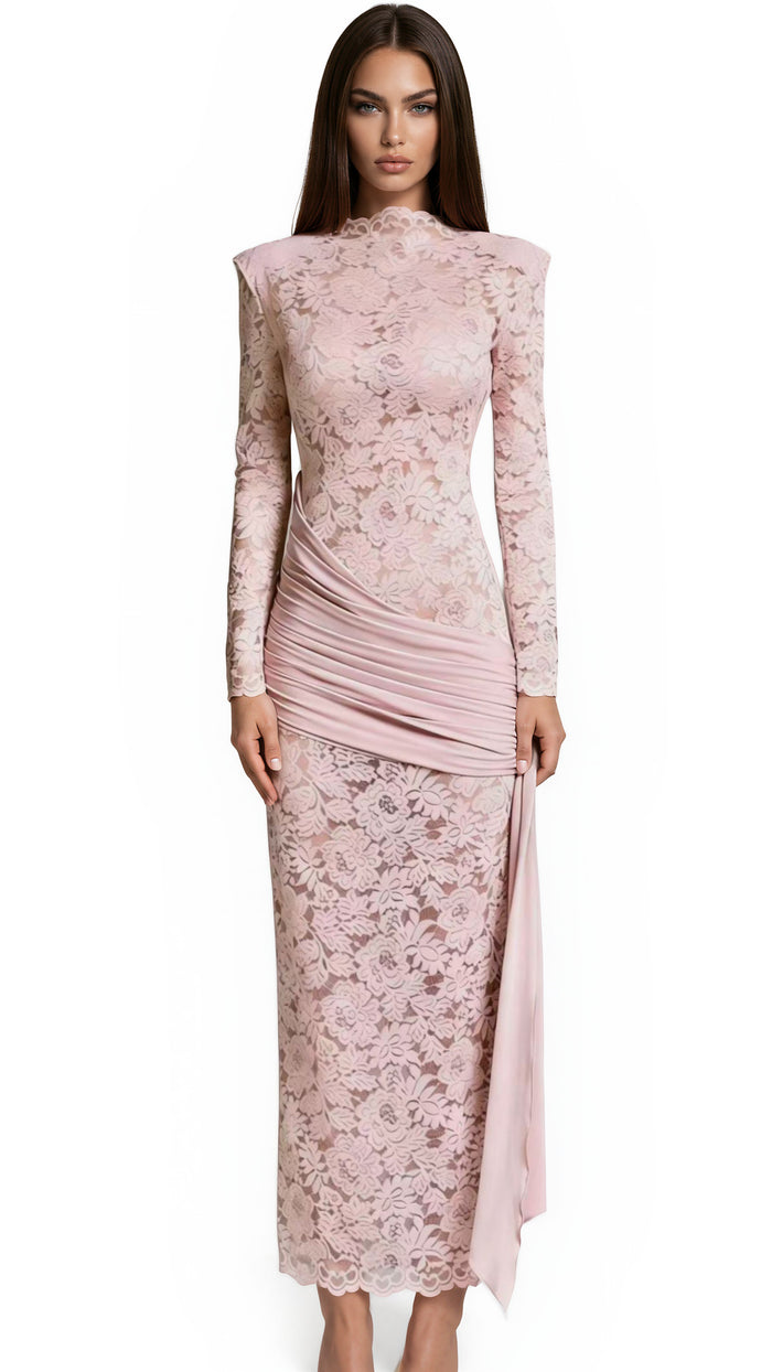 Raine Pink Ribbon Detail Floral Lace Midi Dress