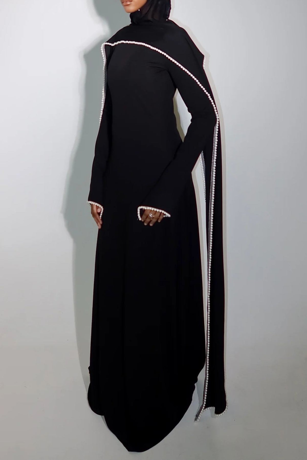 Seraphina Black Pearl Trim Shawl Maxi Dress