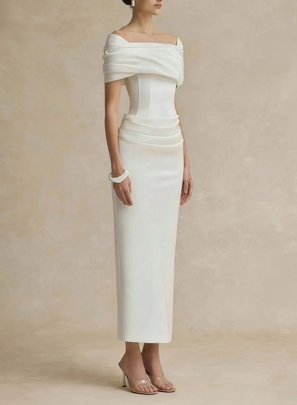 Automne White Draped Midi Dress