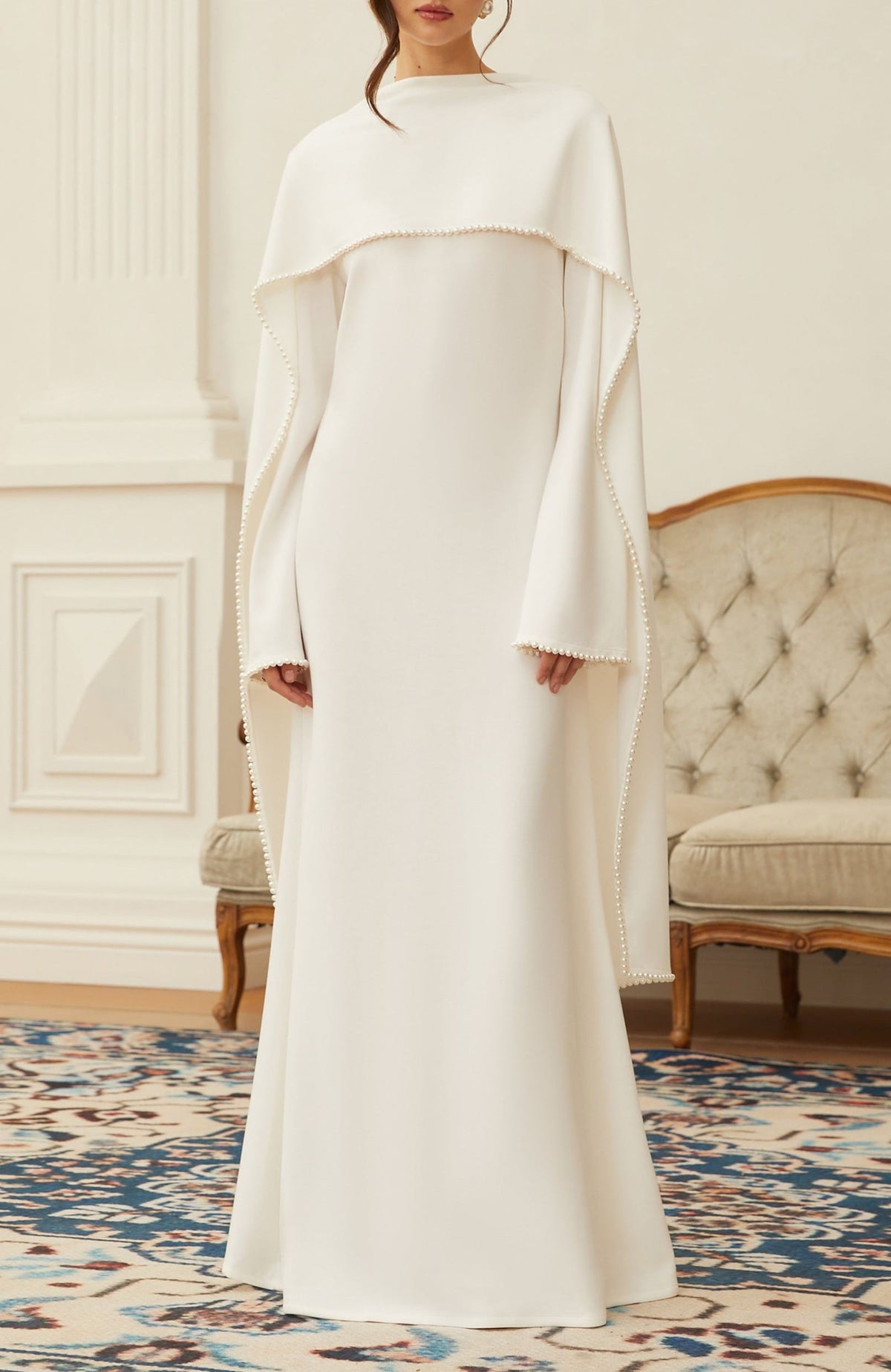 Uranie White Pearl Trim Shawl Detail Maxi Dress