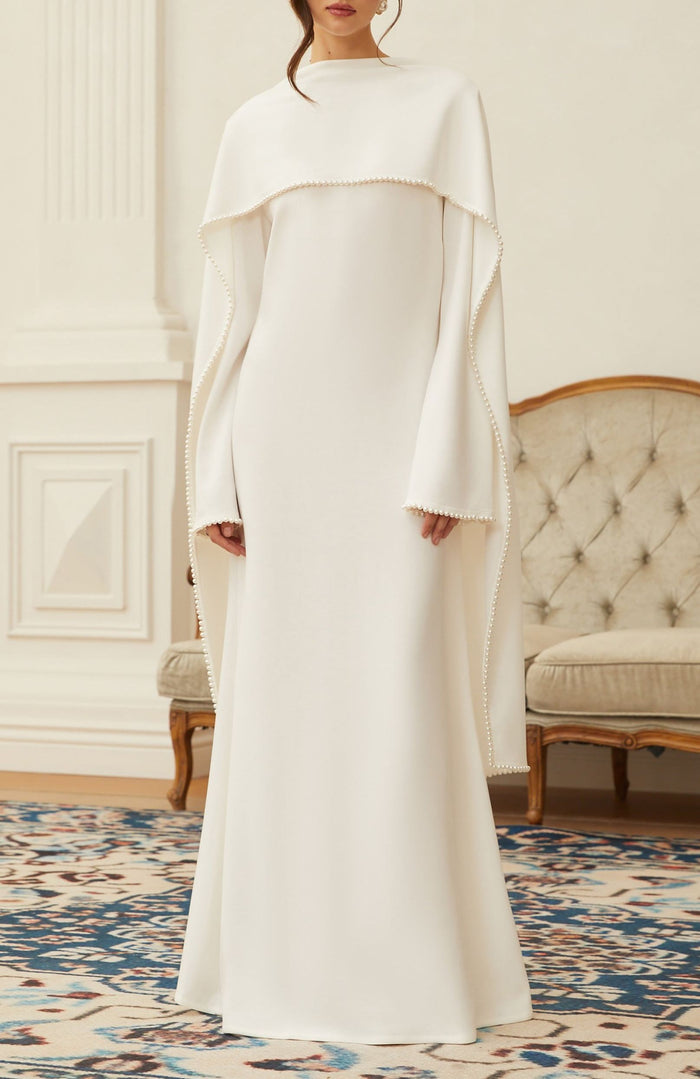 Uranie White Pearl Trim Shawl Detail Maxi Dress