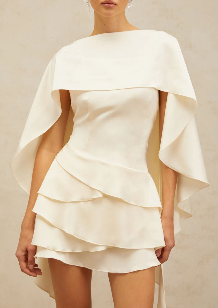Aubos White Satin Ruffled Mini Dress with Shawl Panel Detail