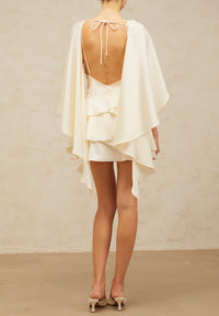 Aubos White Satin Ruffled Mini Dress with Shawl Panel Detail