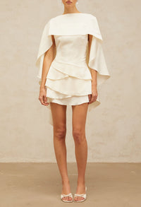 Aubos White Satin Ruffled Mini Dress with Shawl Panel Detail