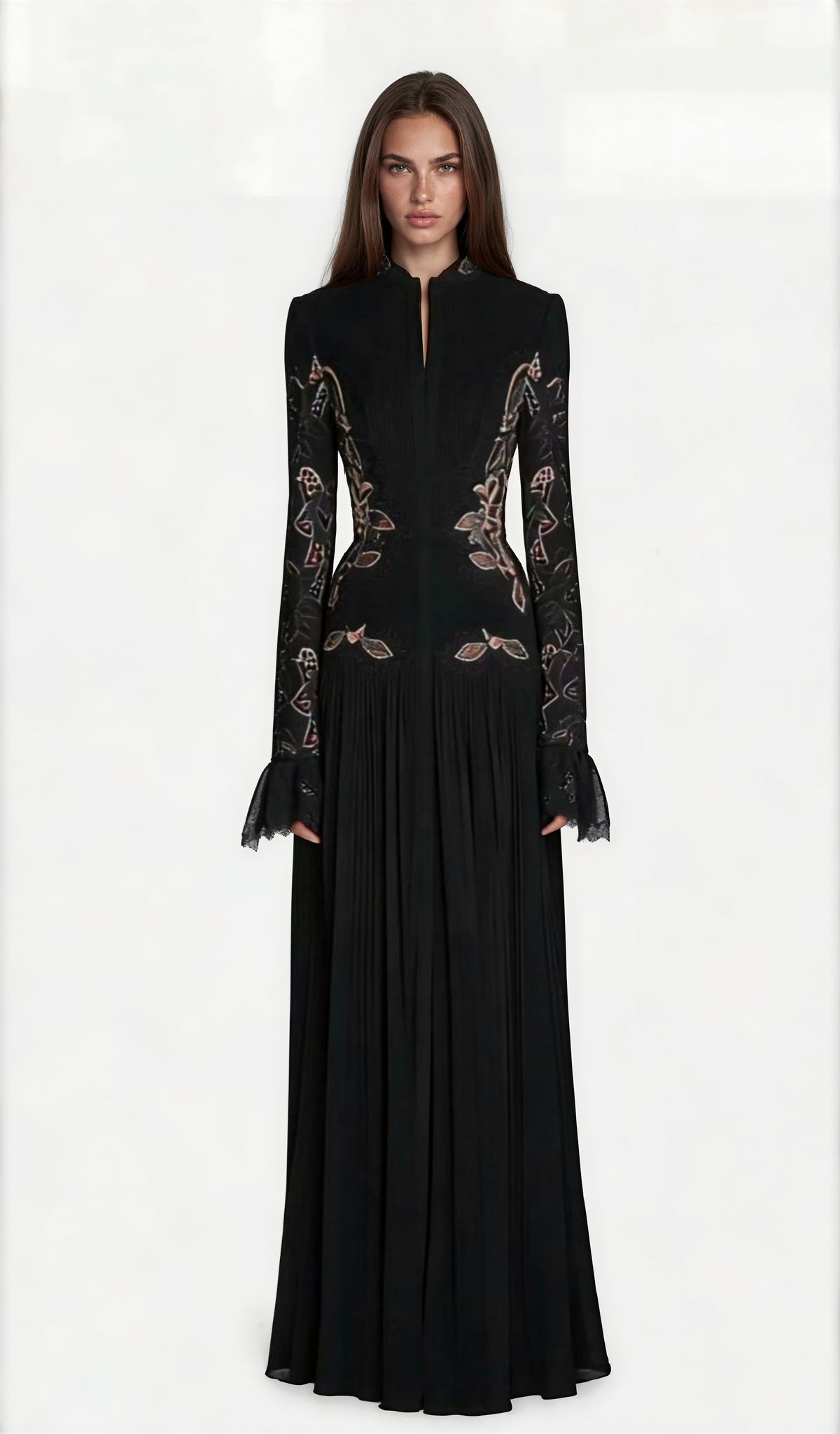 Saffron Black Lace Panel Pleated Midi Dress