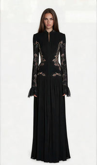 Saffron Black Lace Panel Pleated Midi Dress