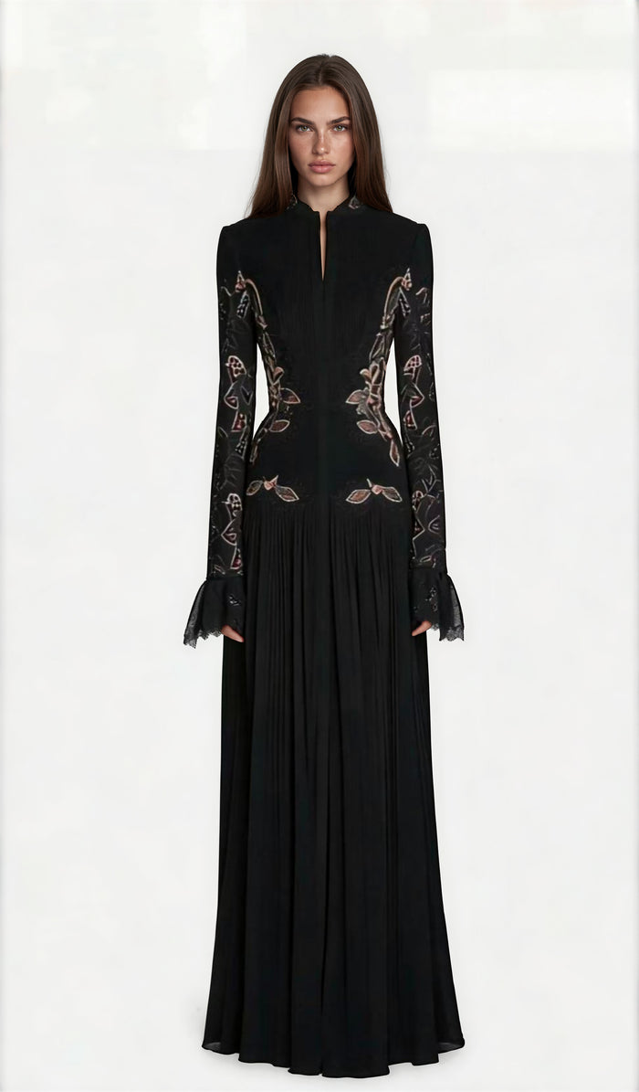 Saffron Black Lace Panel Pleated Midi Dress