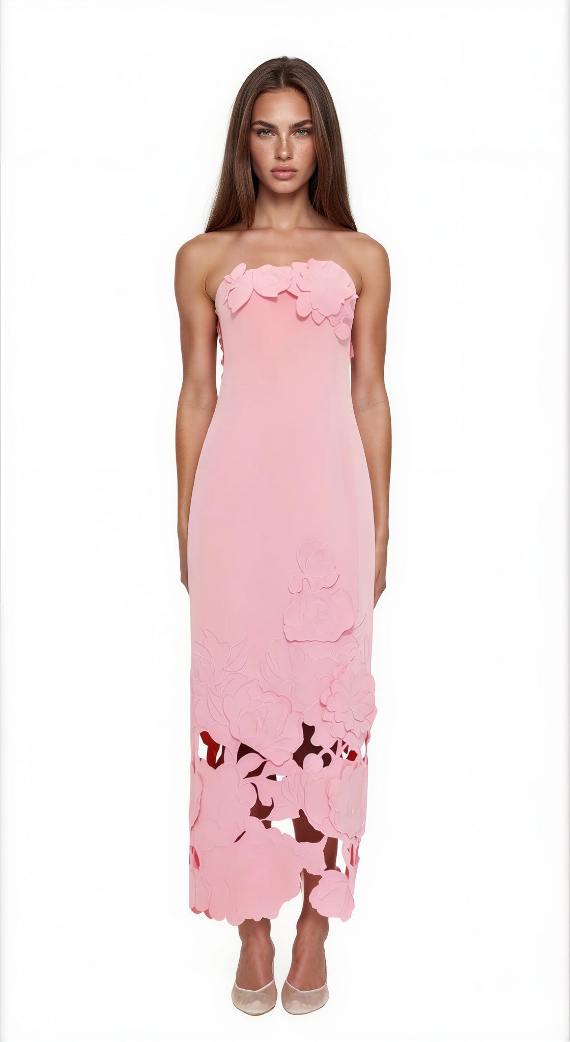 Ariza Pink Strapless Floral Embroidered Maxi Dress