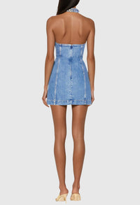 Donaldina Halter Neck Cutout Buckle Denim Mini Dress