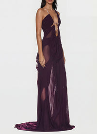 Dermot Plunge Chain Asymmetric Maxi Dress In Deep Purple